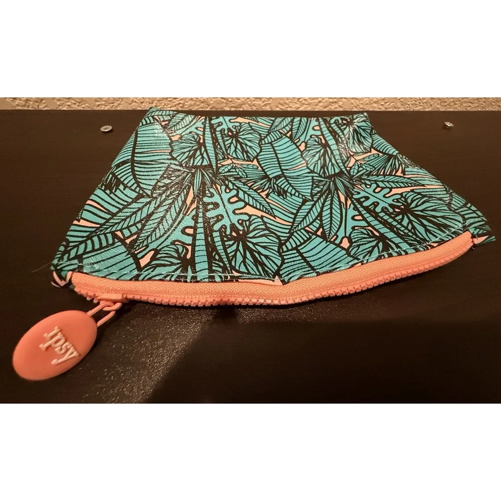 Ipsy Glam Makeup Cosmetic Bag 2019 Tropical Leaf Pattern Turquoise Hot Coral